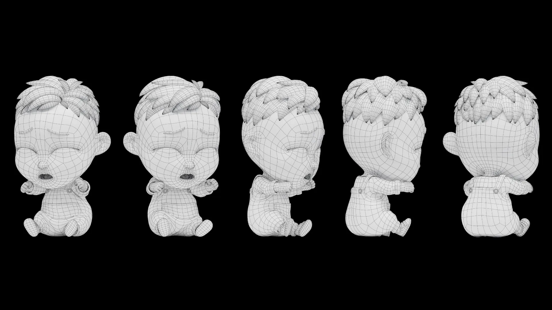 Low-poly quad topology 3D baby boy character wireframe